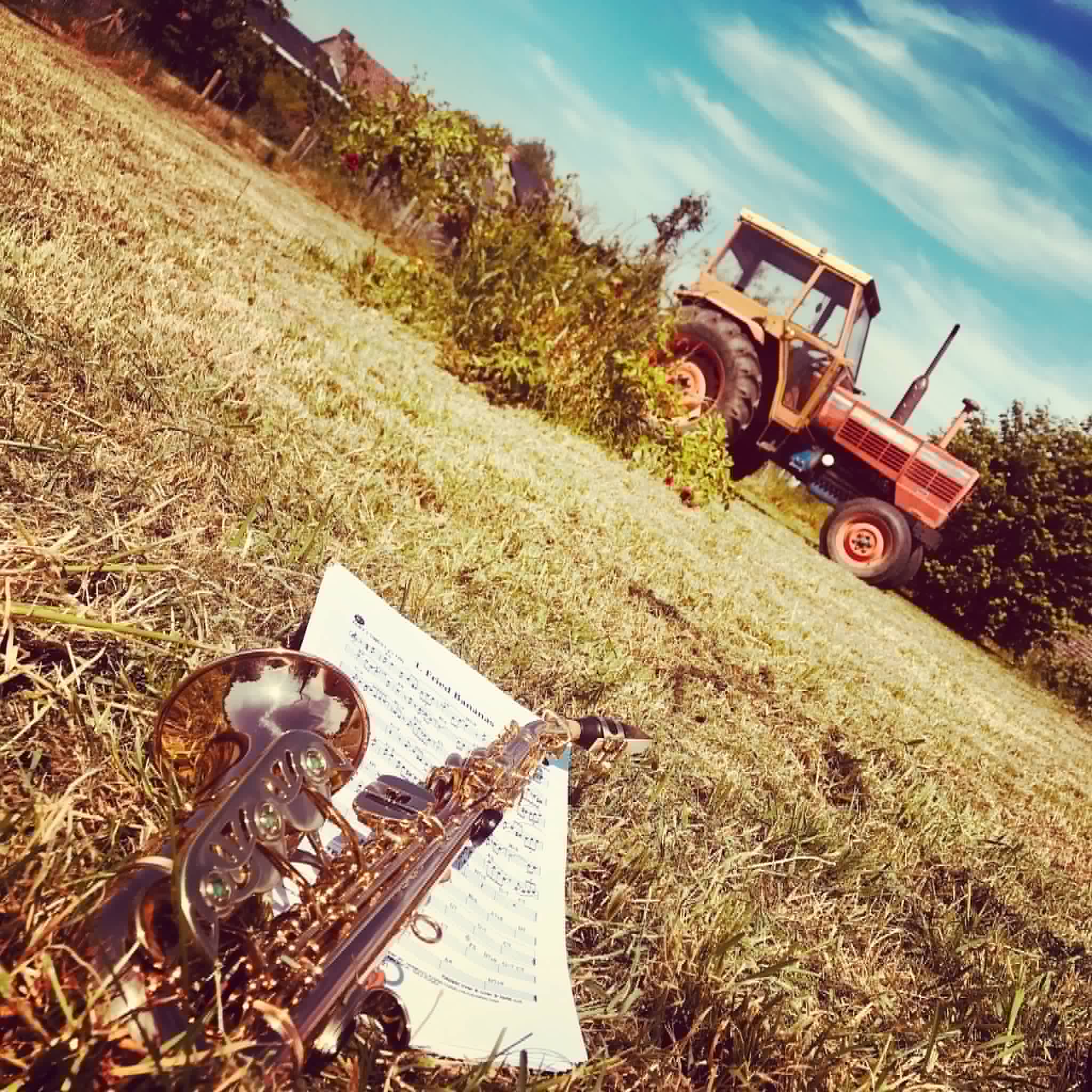 Saxophone et partition posés dans l’herbe, avec un tracteur dans un terrain cultivé